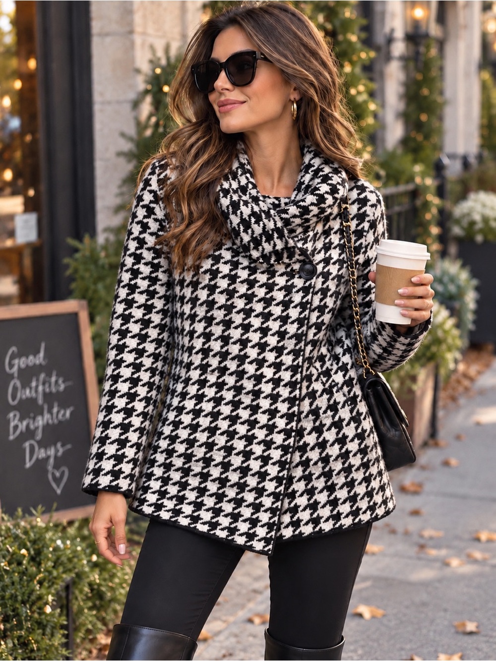 Ellen Tracy Black & White Houndstooth Cowl Neck Sweater Coat